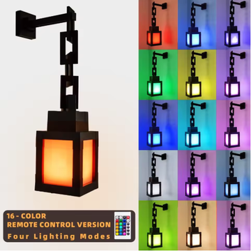 Pixel Style RGB Night Light Lantern with colorful LED light and black frame on tabletop