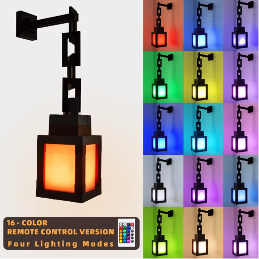 Pixel Style RGB Night Light Lantern with colorful LED light and black frame on tabletop