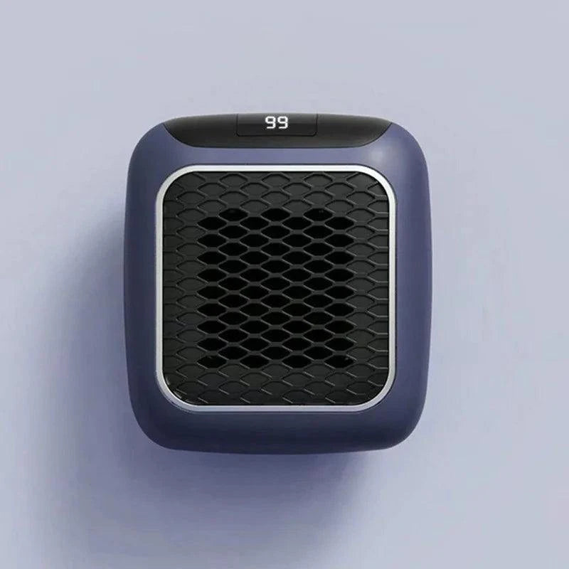 Compact mini wall mounted fan heater in gray on white wall for efficient, quiet heating in small spaces