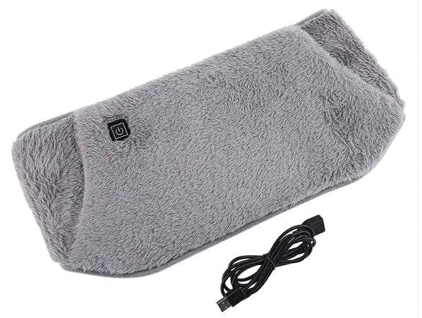 Gray USB-powered electric heating stomach belt with 3-step thermostat and soft cloth material for comfort and warmth