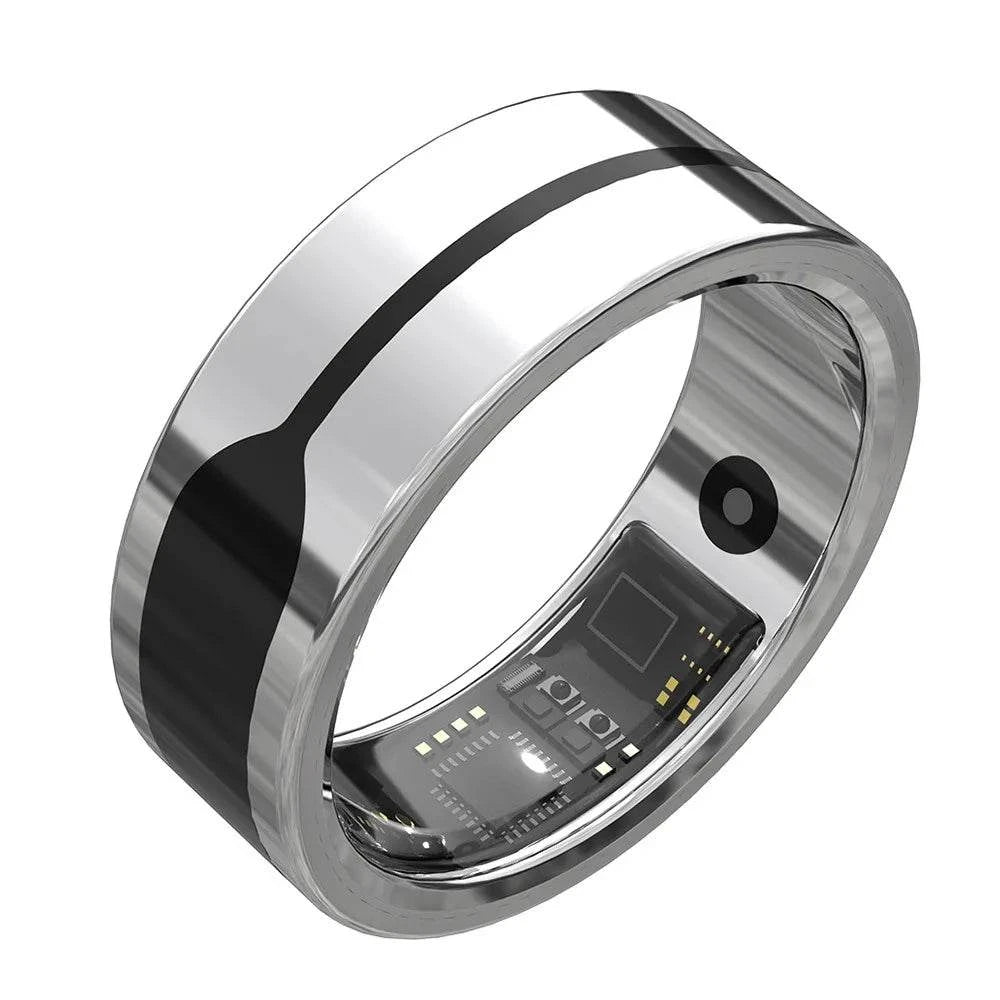 Smart Waterproof Bluetooth Sports Health Ring displaying health metrics on finger
