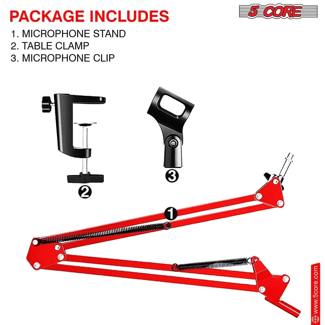 Red 5Core adjustable microphone boom arm with clamp and suspension springs for desk mounting
