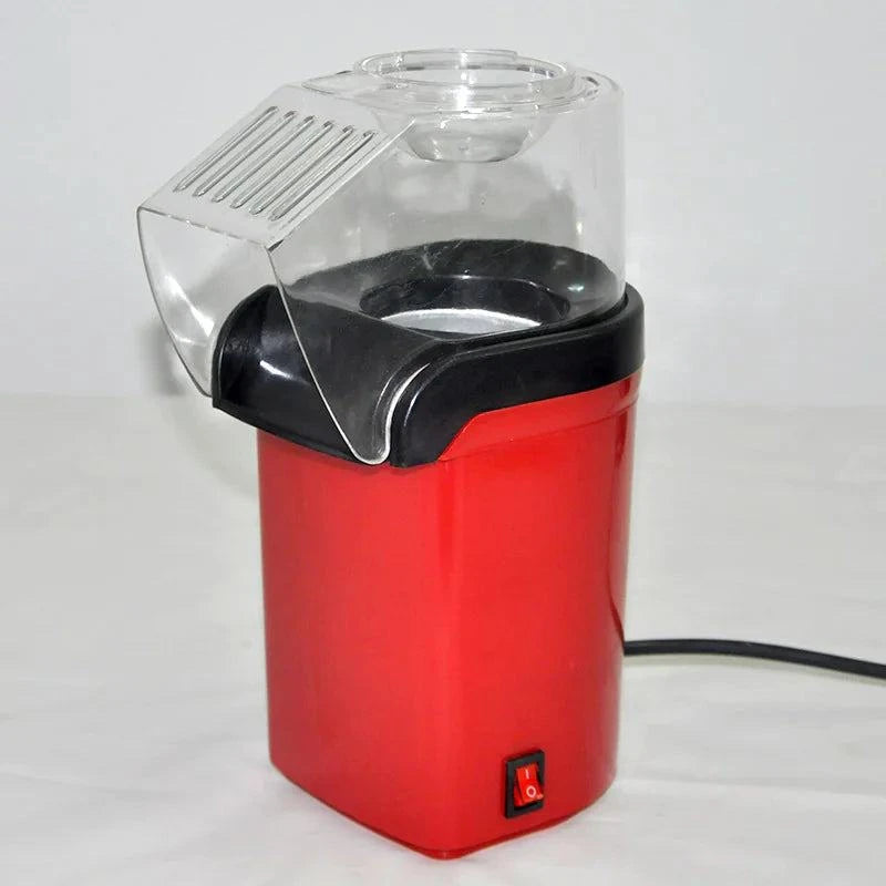 Red electric hot air popcorn machine for household use with transparent lid and European plug