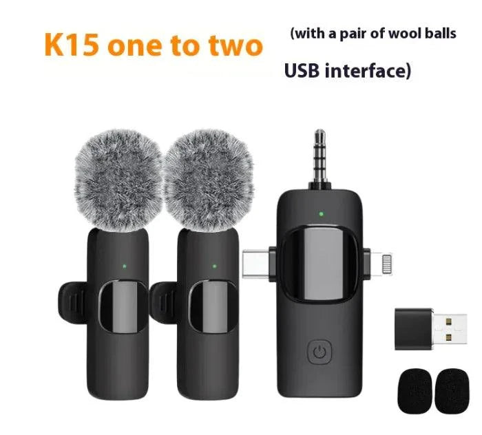 Wireless collar clip microphone with three connectors and built-in battery