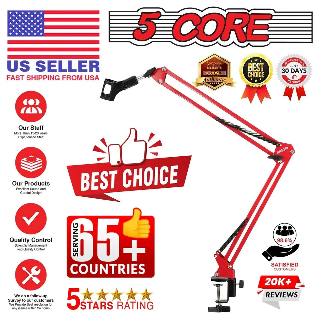 Red 5Core adjustable microphone boom arm with clamp and suspension springs for desk mounting
