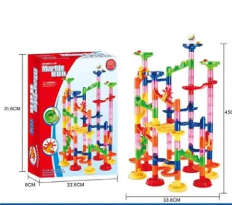 Colorful Marble Run Building Blocks set for kids creating 3D marble mazes and promoting problem-solving skills.